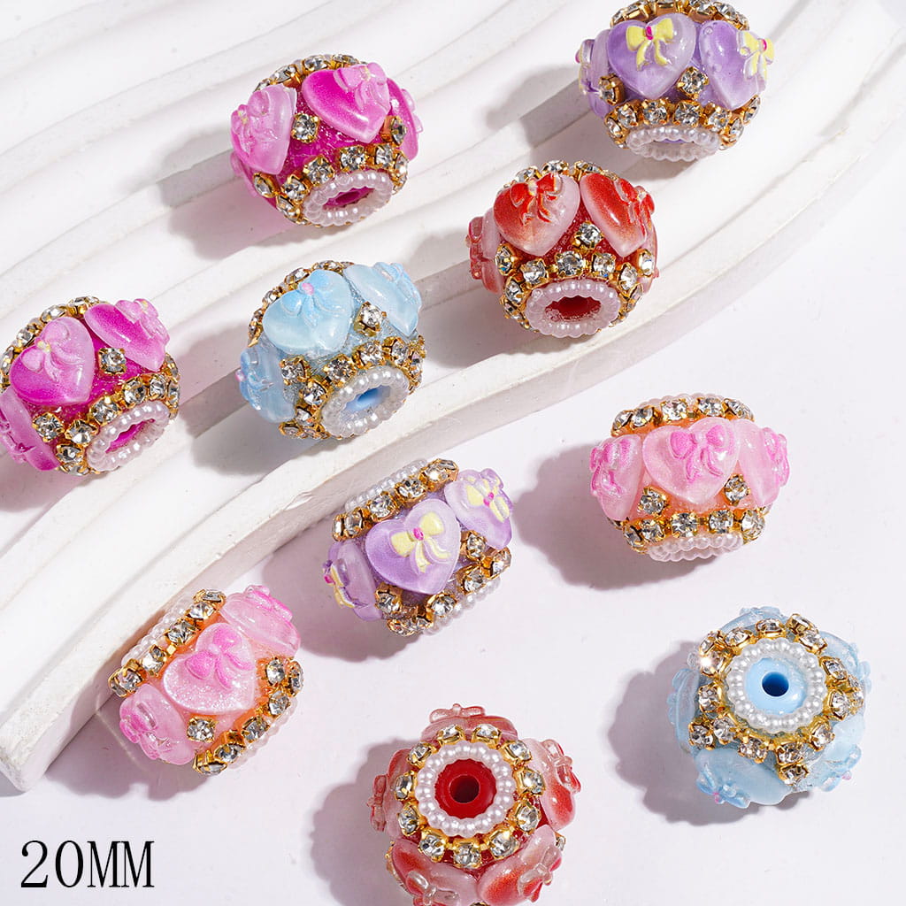 Handmade Acrylic Beads Heart with Bowtie, Clear Rhinestone and White Pearl Chains, 20MM Multi-Color Random Mix