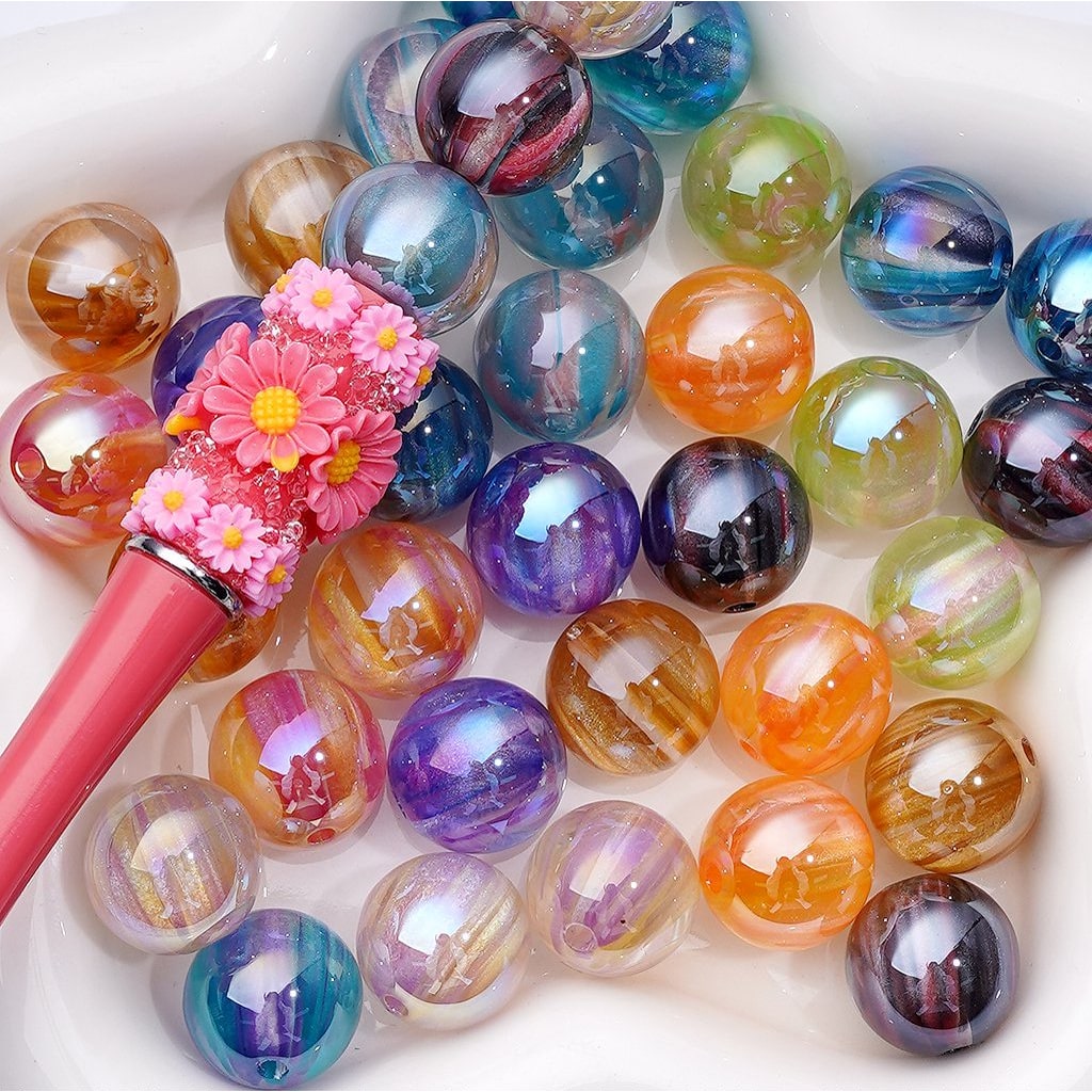 Glossy Shiny Glitter Stripes Inside Round Acrylic Beads, 16MM
