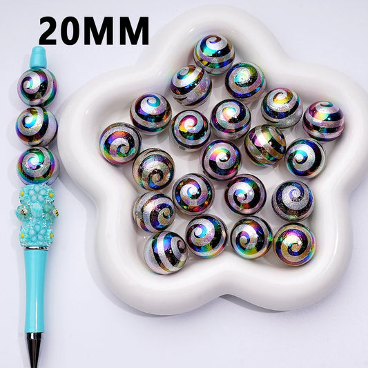 UV Coating Black Swirl Stripes Prints Gold Round Acrylic Beads, 20MM