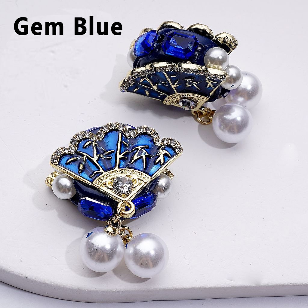 Exquisite Fancy Gold Alloy Vintage Fan with Clear Rhinestones White Pearls Pendants Clay Beads, Around 30*24MM