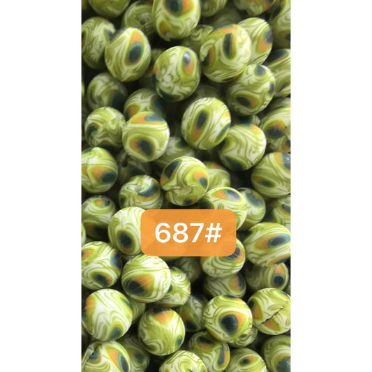 Green Peacock Round Printed Silicone Beads, 15mm, Number 687