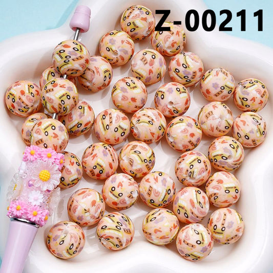 Cute Cars Rainbows Flowers Apples Printed Silicone Beads 15MM, Number Z-00211