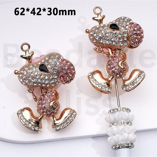 Fantastic Fancy Gold Alloy Snoop Puppy with Pink & Clear Shiny Rhinestones Cute Hearts Flowers Snowflakes White Pearls Round Clay Beads, Around 62*42*30MM