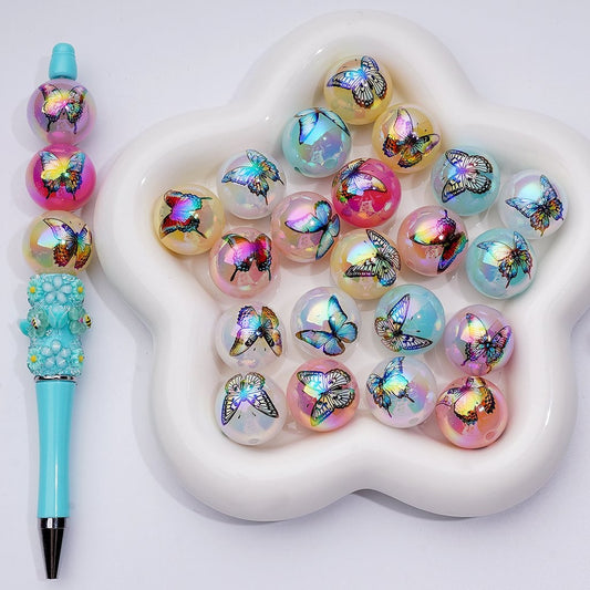 Large UV Coating Cute Butterflies Jelly Color Round Acrylic Beads, 20MM, Random Mix