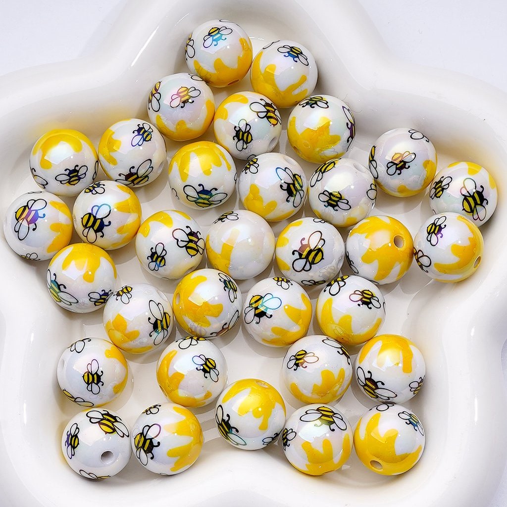 UV Coating Cute Bees White Round Acrylic Beads, 16MM