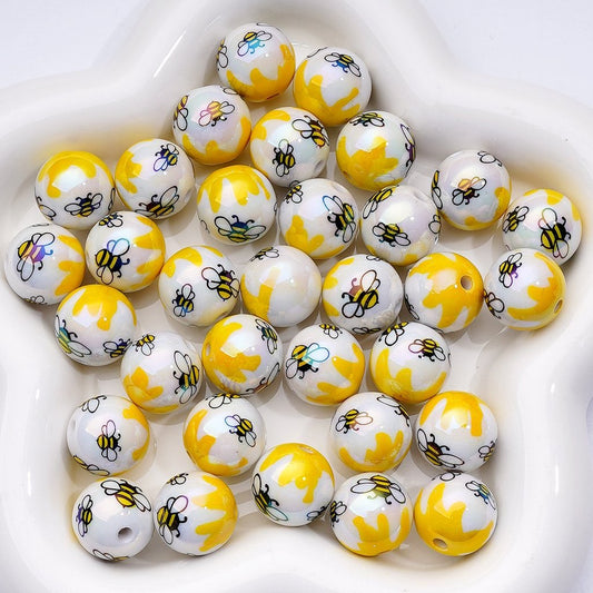 UV Coating Cute Bees White Round Acrylic Beads, 16MM