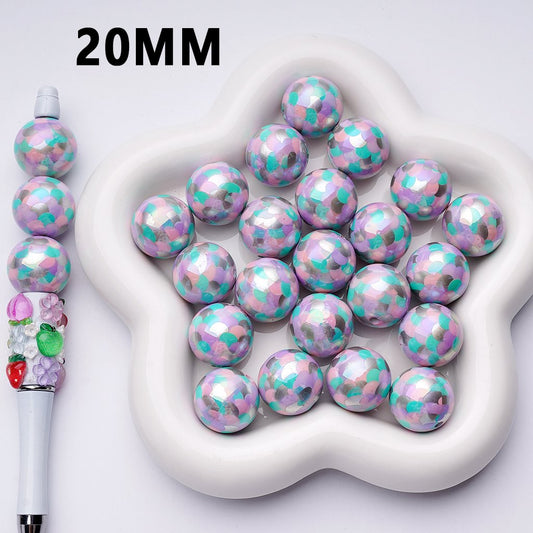 Shiny Purple Pink Teal Prints Silver Round Acrylic Beads, 20MM