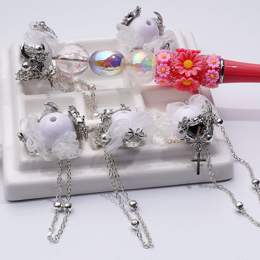Exquisite Fancy Silver Alloy Butterflies Flowers Chains Bowknots Moon Large Clear Rhinestone White Fabric Bowknot Glitter Soft Flower White Round  Acrylic Beads, Around 16MM