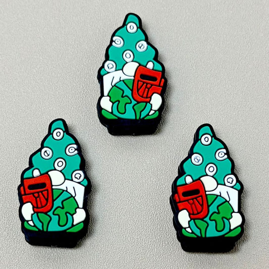 Little Cute Gnome Holds a Red Phone & Earth Model Silicone Focal Beads