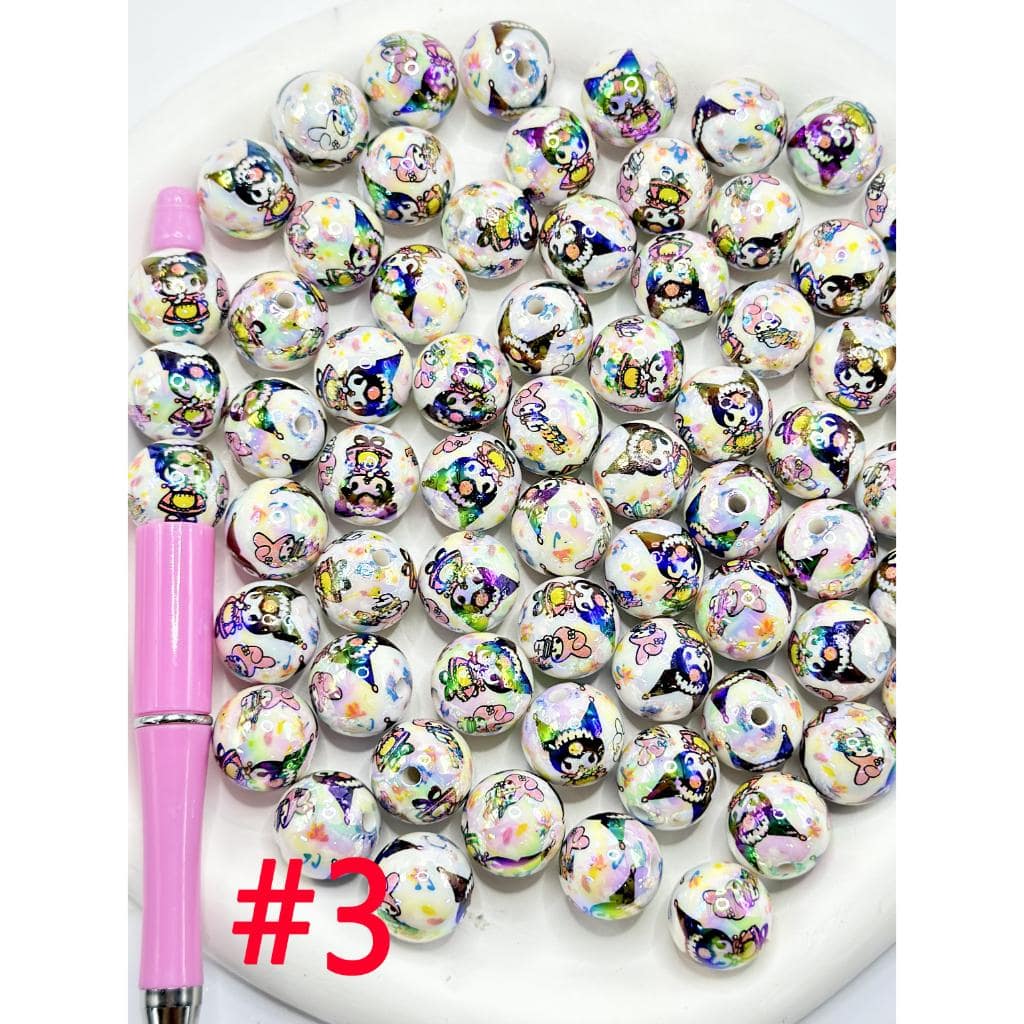 White UV Coating Acrylic Beads with Kuro , Kitt ,   Prints , cinnamon ,Random Mix, 16MM