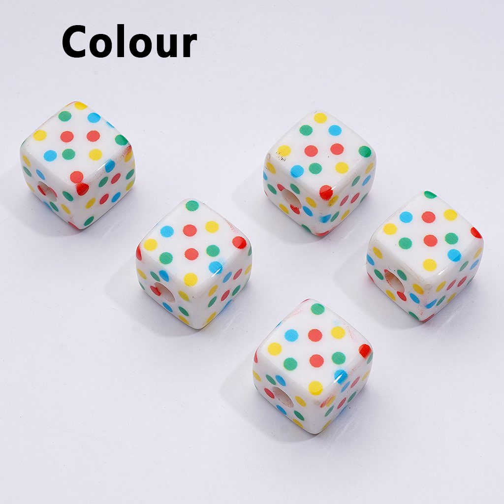 Multi-Color Cube Square Shape Acrylic Beads with Mini Round Dots, Around 14MM