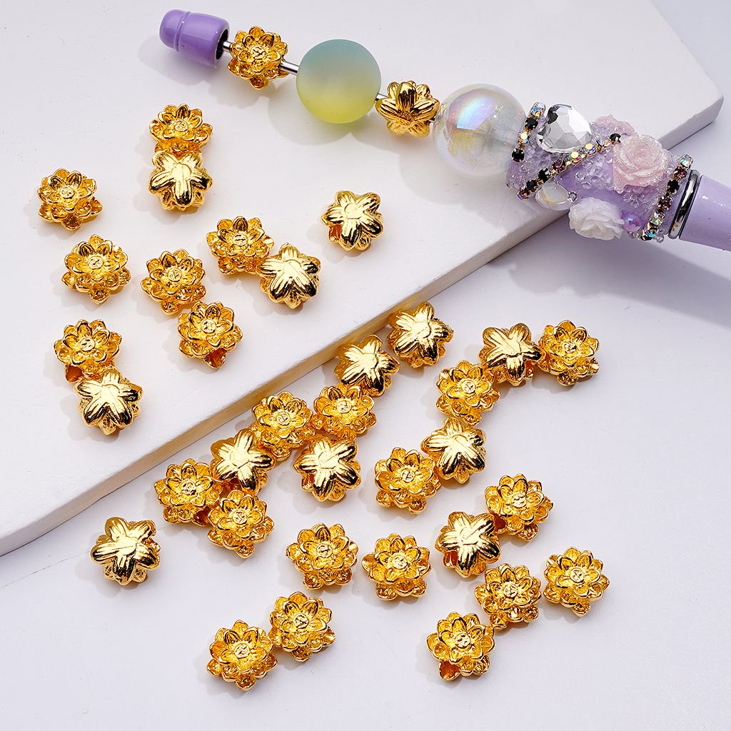 Fancy Gold Alloy Lotus Flowers Beads Jewelry Accessories, 10MM