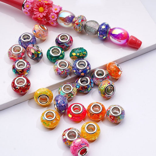 Mini Colorful Flakes Inside Clear Wheel Abacus Acrylic Beads, 14MM, Random Mix