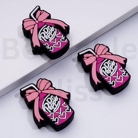Dr. Peppe Drink Beverage Bottle Can with Pink Bow Straw Silicone Focal Beads