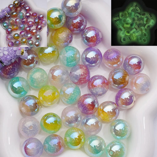 Luminous & Color Changing Gold Shiny Glitter Inside Round Acrylic Beads, 16MM, Random Mix