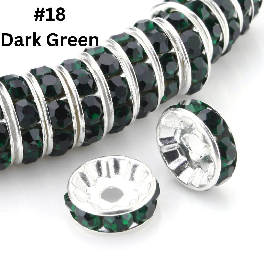 Straight Flat Round Metal Spacers with Rhinestones in Solid Colors, 10mm