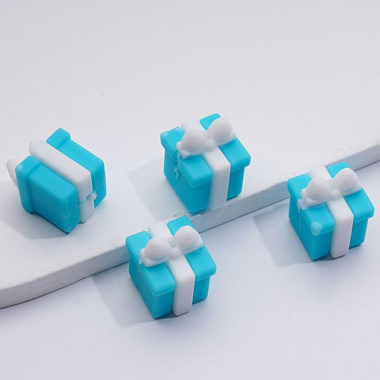 3D Vivid Teal Gift Box with White Ribbon Silicone Focal Beads