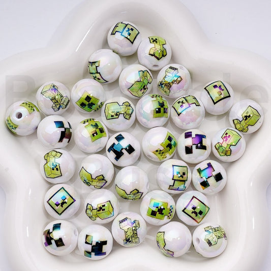 UV Coating Minecraf Monster Series White Round Acrylic Beads, 16MM, Random Mix
