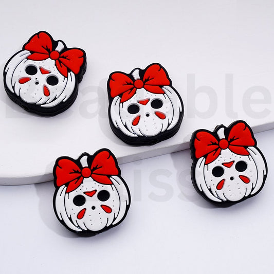 White Pumpkin with Horror Jaso Face Red Bowknot Halloween Silicone Focal Beads