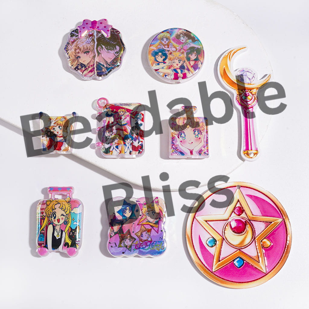 UV-Coated Acrylic Beads and Pendants Magical Girl Guardian Character, Semi-Clear, Random Mix