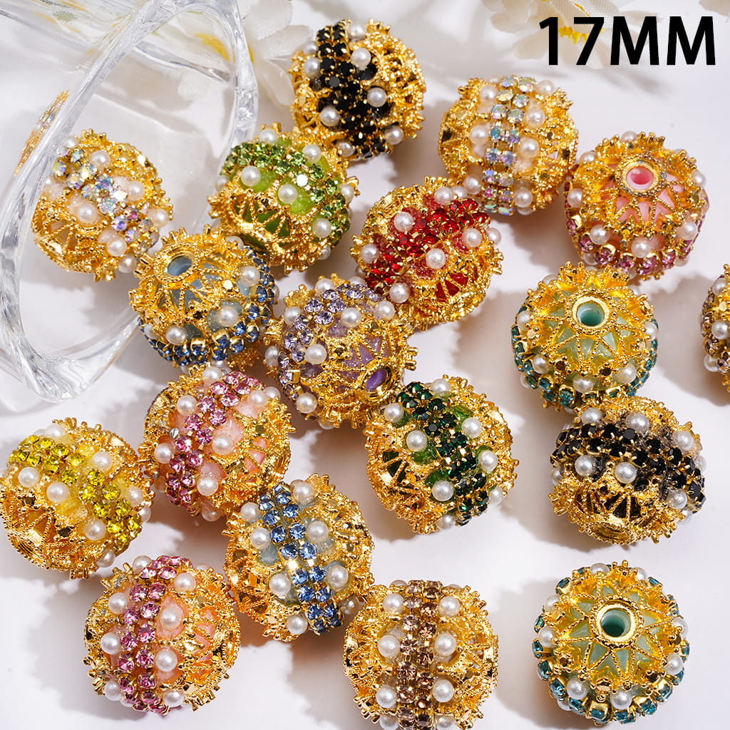 Hand-Made Acrylic Beads w Gold Filigree, Double-Layer Pearls & Clear Rhinestone Chain 17MM, Multi-Color