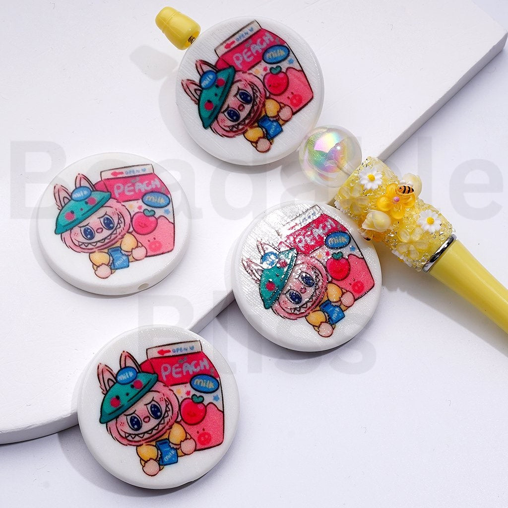 Cute Labub Monster Sweet Candy Peach Drink Yogurt Pop Mar Round Flat Acrylic Beads, Around 38MM
