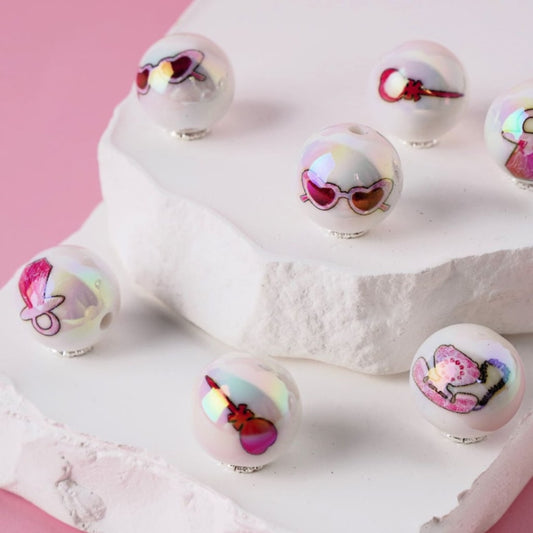 UV Finish Fashion Pink Glasses Diamond Ring Hairpin Telephone White Round Acrylic Beads, 16MM, Random Mix