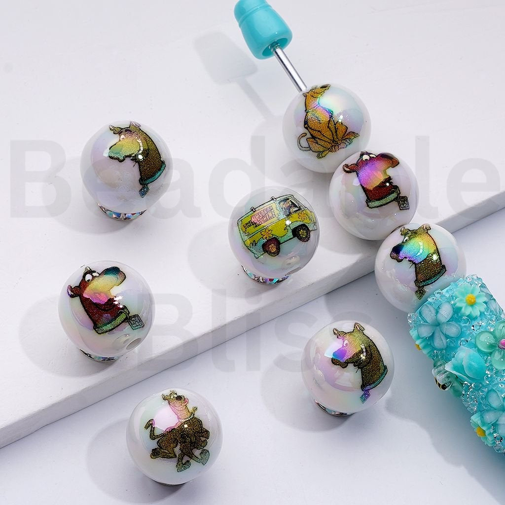 UV Coating Cute Scoob Dog Cartoon Round Acrylic Beads, 16MM, Random Mix