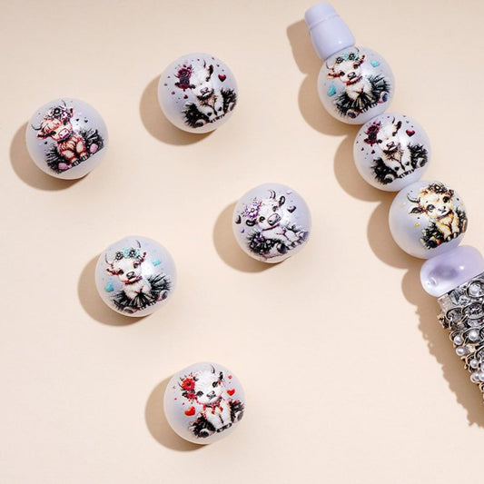 Frosted Matte Cute Cows White Round Acrylic Beads, 16MM, Random Mix