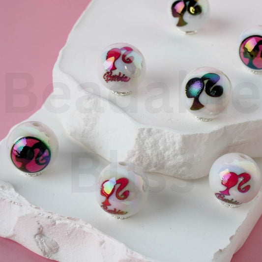 UV Finish Fashion Barbi White Round Acrylic Beads, 16MM, Random Mix