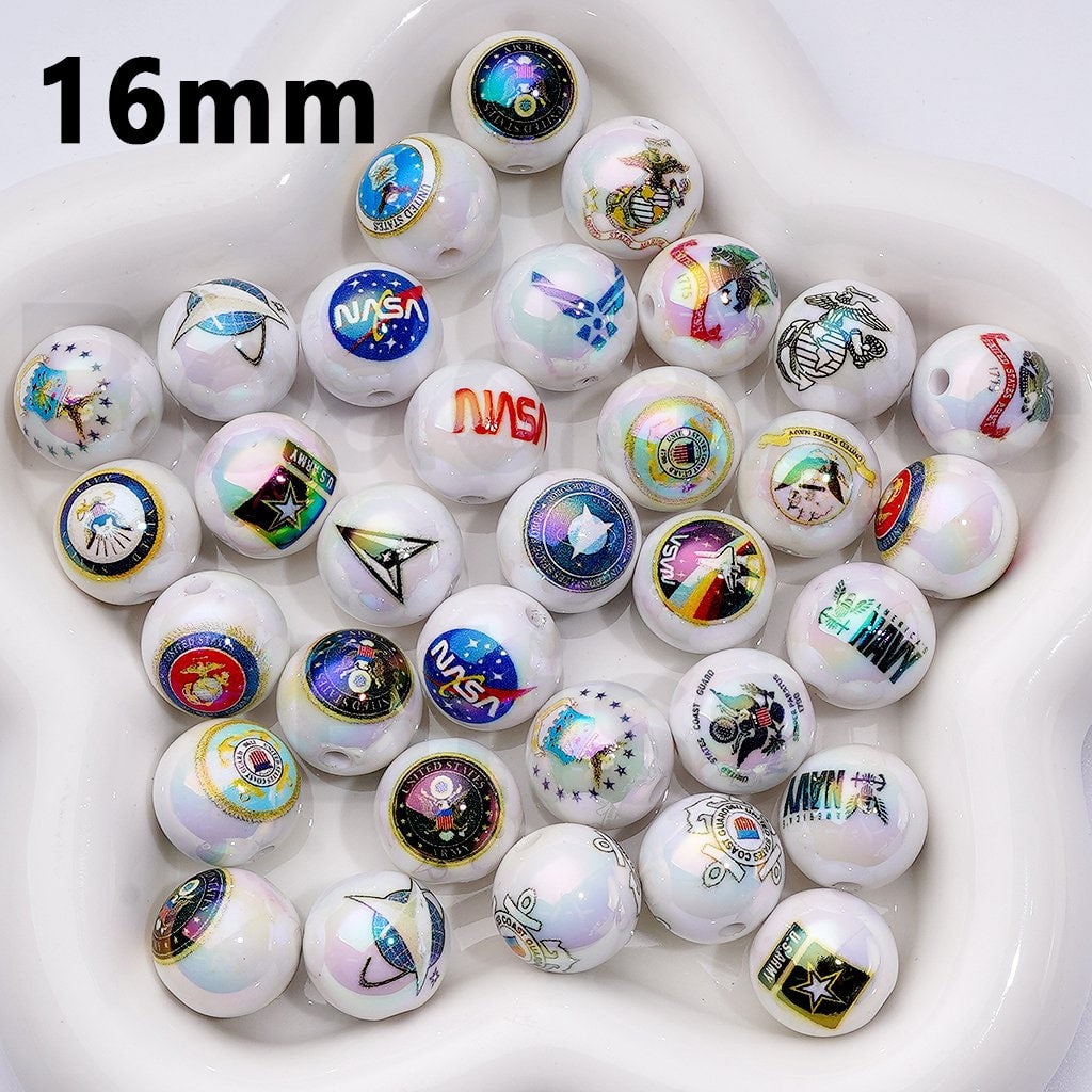 UV Coating USA America Arm Nav Air Forc Nas Marine Cor Space Forc Coast Guar Acrylic Beads,16MM, Random Mix