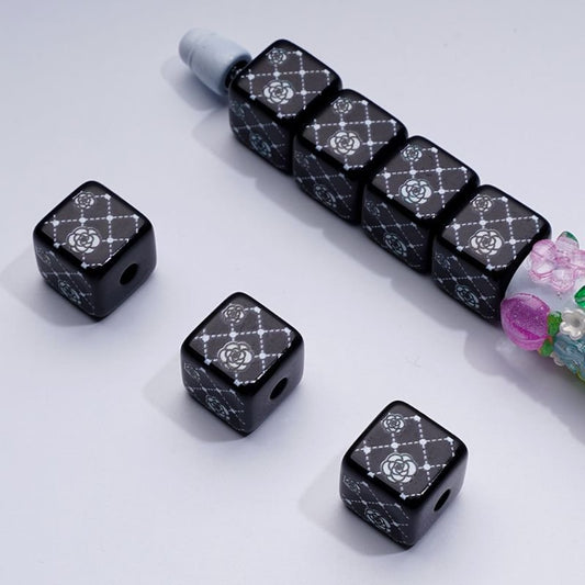 Black & White Rose Flowers Square Cube Acrylic Beads, Around 14MM