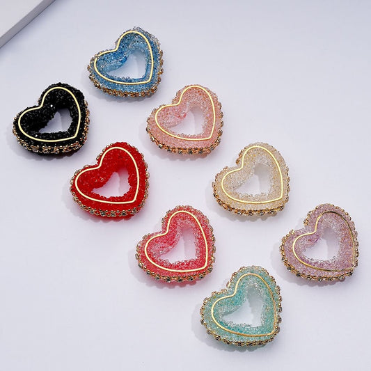 Cute Heart Frame with Gold Alloy Chain with Clear Rhinestones Sugar Acrylic Beads, Around 35*30MM, Random Mix