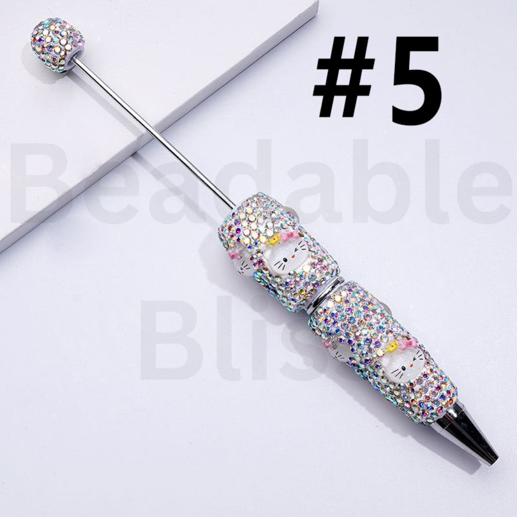 Beadable Clay Pens with Cute HK Kitten with Bows Mini AB Rhinestones Covered the Entire Pen