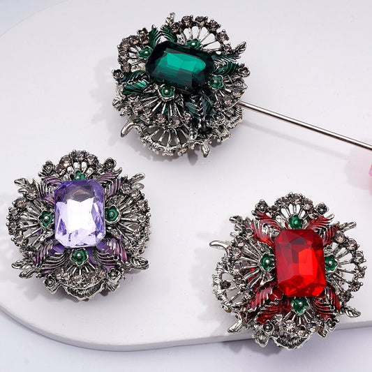 Bling Bling Fancy Silver Alloy Vintage Brooch with Large Rectangle Rhinestones Oval Pearls Clay Beads, Around 38*24MM
