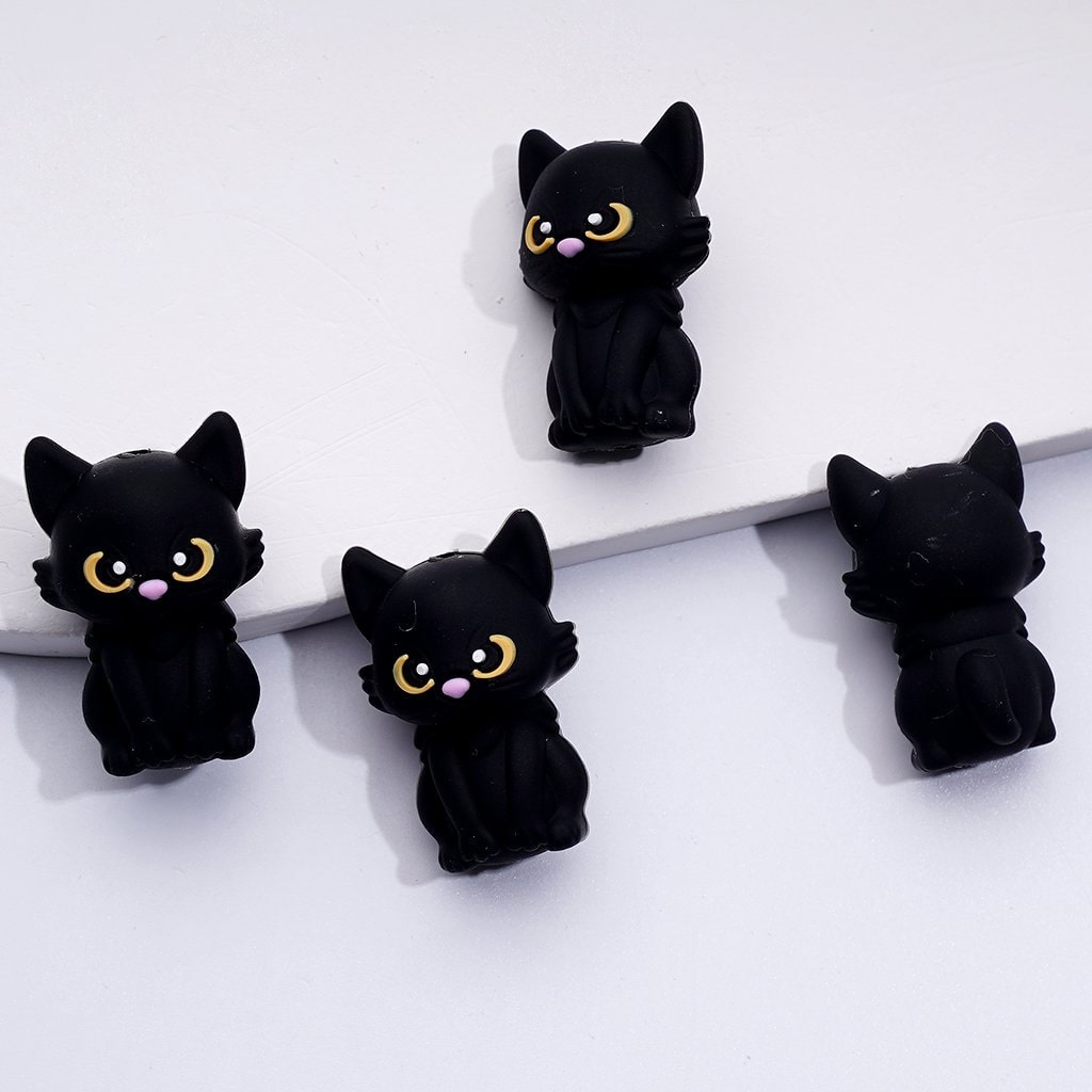 3D Little Black Cat with Yellow Green Eyes Silicone Focal Beads
