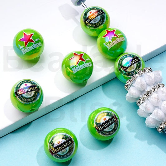 UV Coating Drink Beer Heineke Green Round Acrylic Beads, 16MM, Random Mix