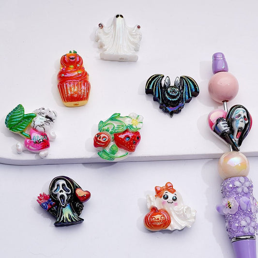 UV Coating Halloween Series Ghost Face Pumpkin Strawberry Black White Ghost Bat Acrylic Beads Mix