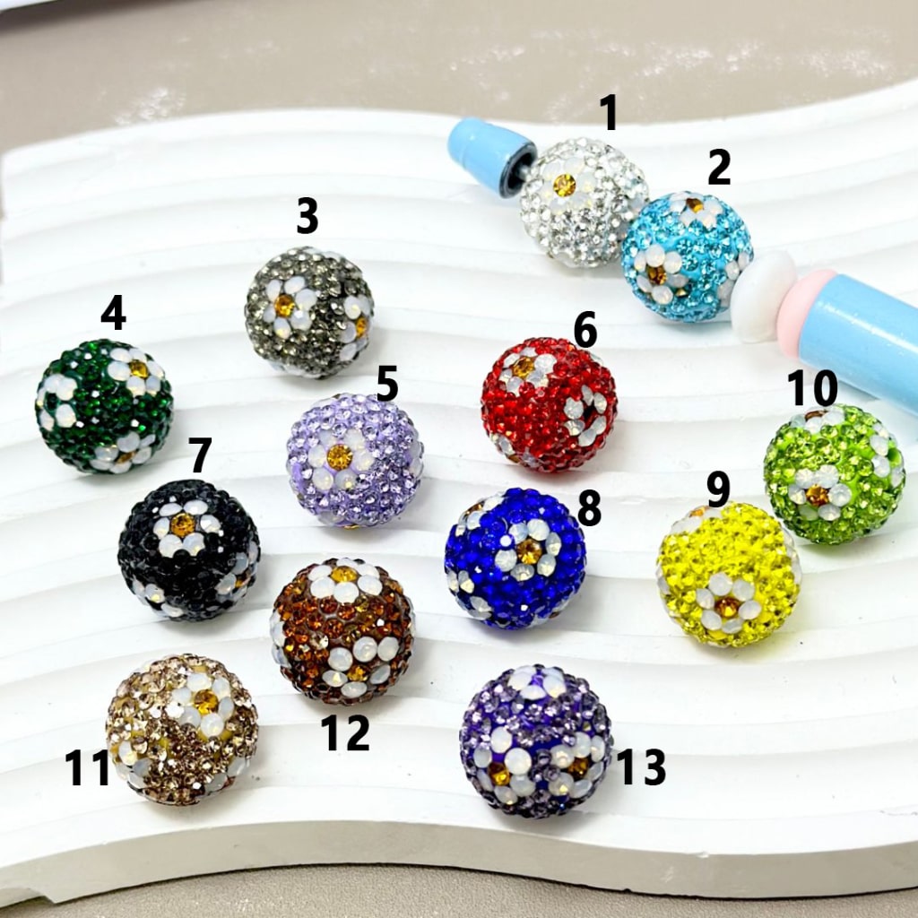 Bling Bling Shiny Colorful Rhinestones Mini Flowers Round Clay Beads, 16MM, Please Read the Description