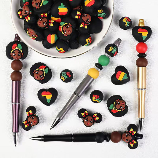 Silicone Focal Beads 3D Black Series, Black Girl Heart Round