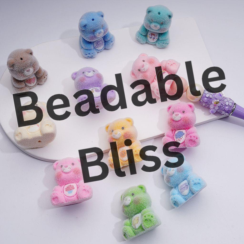 Cute Flocked Rainbow Bear Acrylic Beads Pen Toppers Pendants Jewelry Accessories, 36*32MM