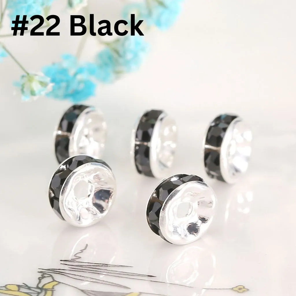 Straight Flat Round Metal Spacers with Rhinestones in Solid Colors, 10mm