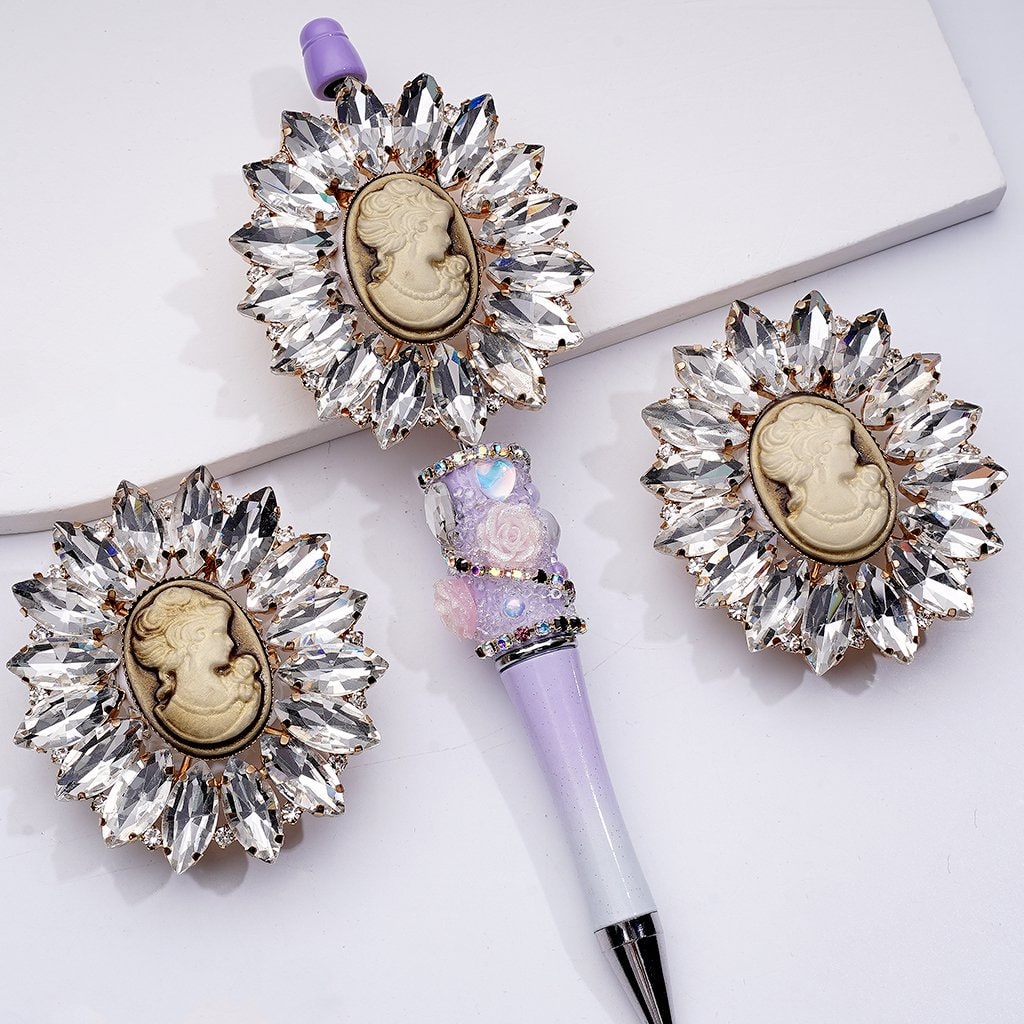 Fancy Gold Alloy Vintage Brooch with Ring Baroque Girl Portrait Clear Shiny Rhinestones Cute Butterflies Hearts Snowflakes Clay Beads, 48*53MM