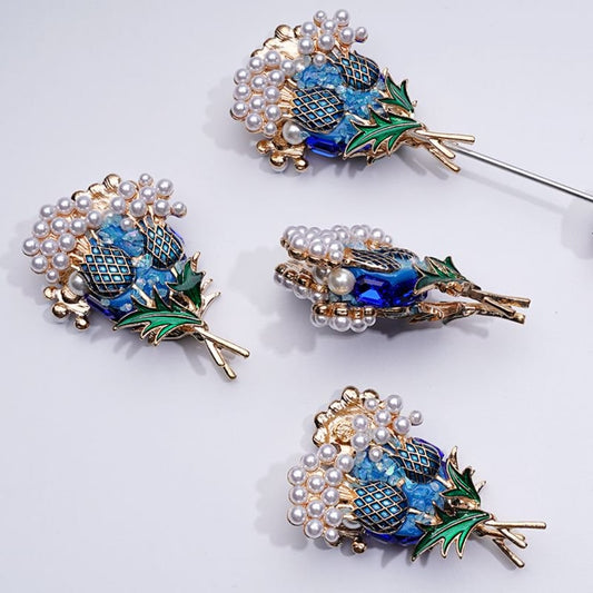 Bling Bling Gold Alloy Flowers with White Pearls Blue Rectangle Rhinestones Clay Beads, Around 56*32MM