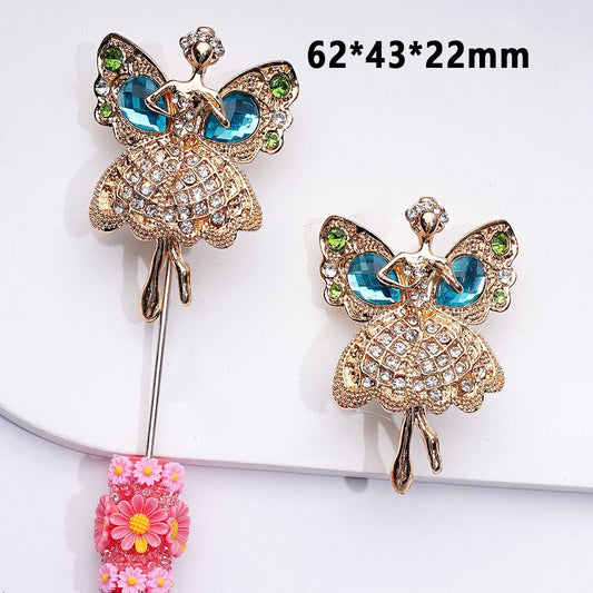 Bling Bling Fancy Gold Alloy Dancer Ballerina Angel with Colorful Shiny Rhinestones Cute Flowers Butterflies Snowflakes Round Clay Beads, Around 62*43*22MM