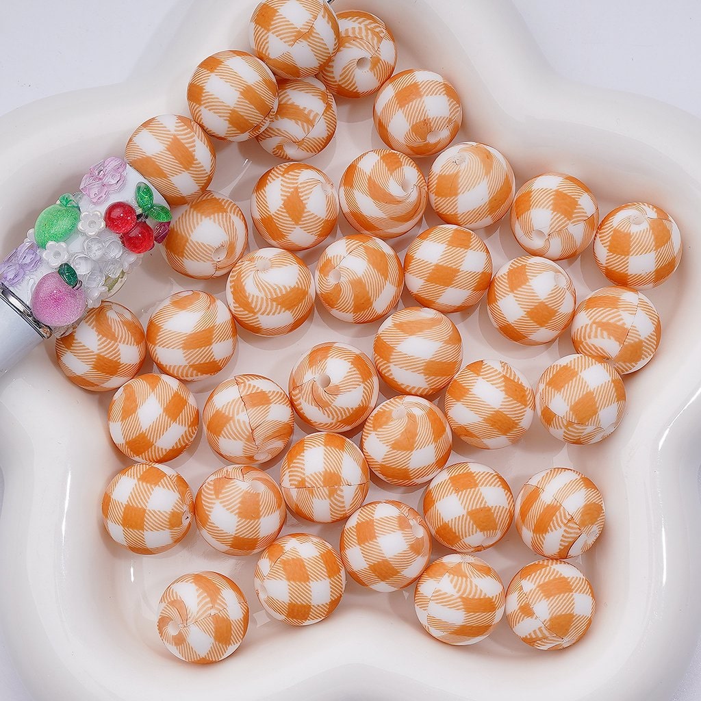 Orange Stripes White Printed Silicone Beads 15MM, Number Z-00236