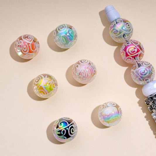 UV Coating Clear Acrylic Beads with White Pattern Small Colorful Balls Inside, 16MM, Random Mix