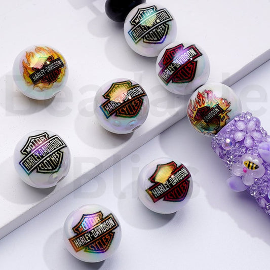UV Coating Motor Cycle Harle Davidso White Round Acrylic Beads, 16MM, Random Mix