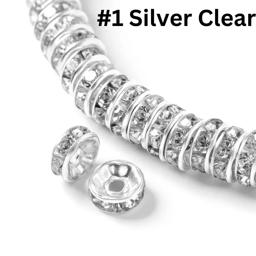Straight Flat Round Metal Spacers with Rhinestones in Solid Colors, 10mm