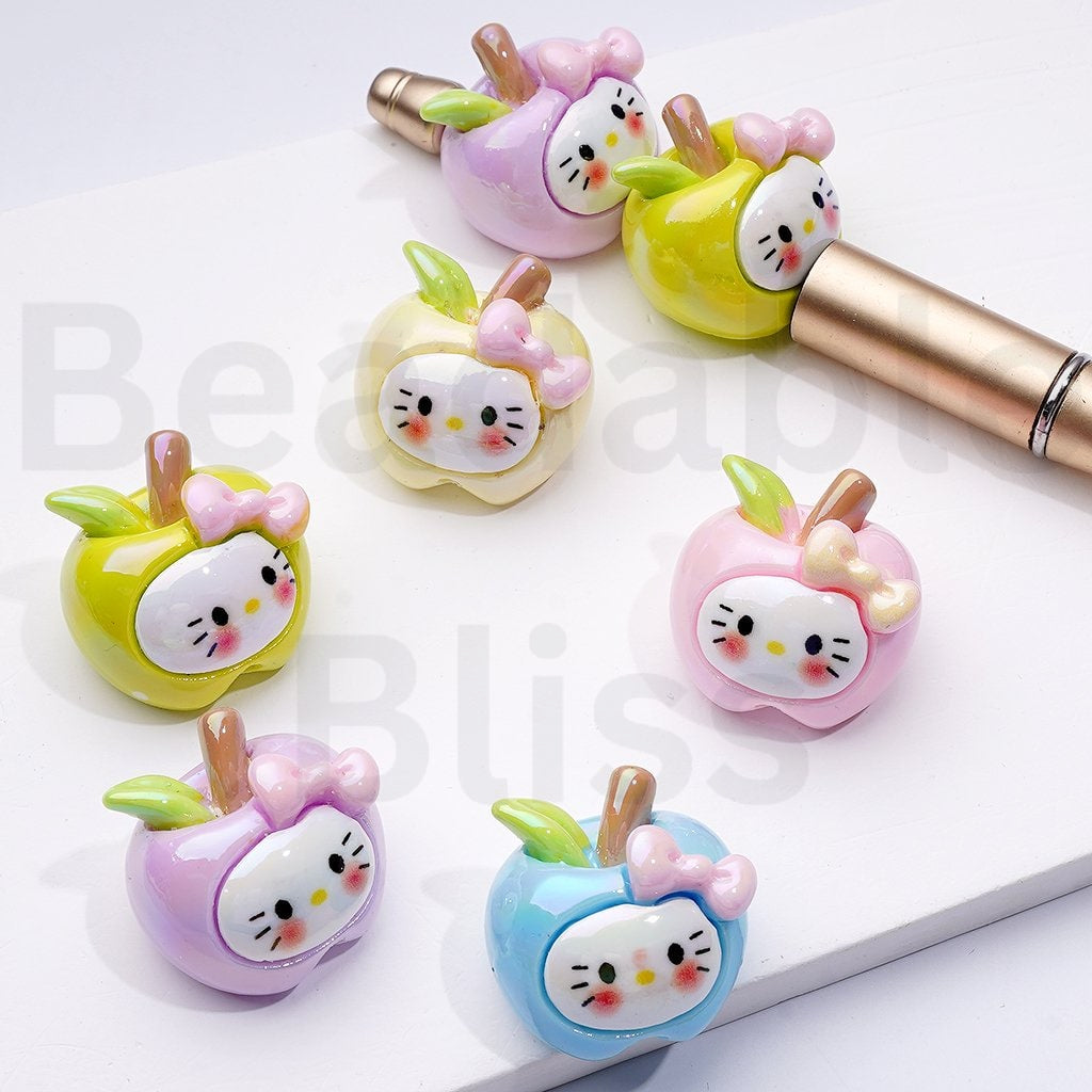 UV Coating Cute HK Kitten Apple Acrylic Beads, Around 24*25MM, Random Mix